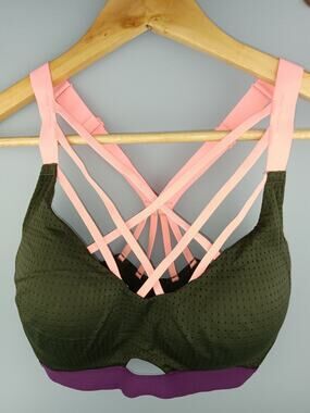 Victoria Sport Olive Green Sports Bra with Pink Straps Purple Band 32DD